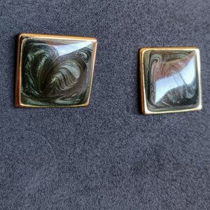 VTG Swirled Metallic Forest Olive Green Glittery Enamel Square Earrings